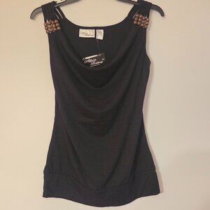 Allison Brittney Black Tank Top With Wood Shoulder Bead Accent